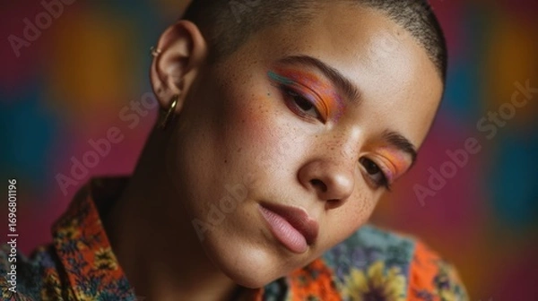 Fototapeta close-up of a Gen Z non-binary person with colorful makeup and shaved head, proud and peaceful expression, soft studio lighting, vibrant fabric backdrop