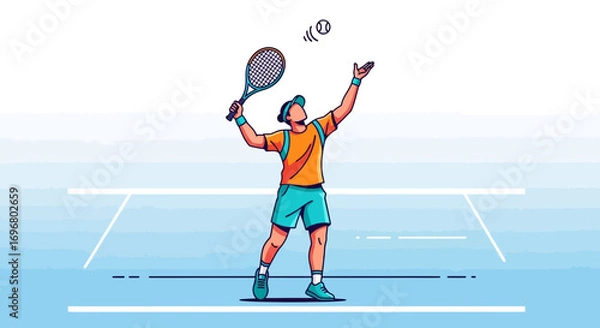 Obraz Tennis Player Serving, Preparing for a Serve on a Bright, Clean Blue Court Illustration