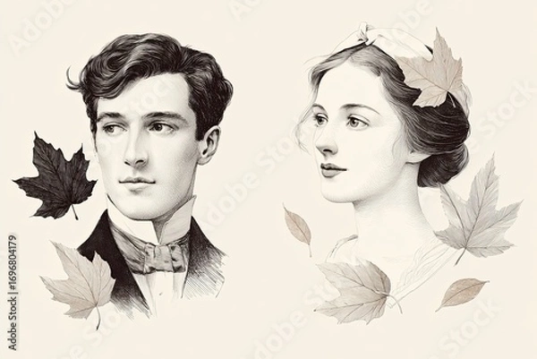 Fototapeta Elegant couple portrait with autumn maple leaves representing fall season