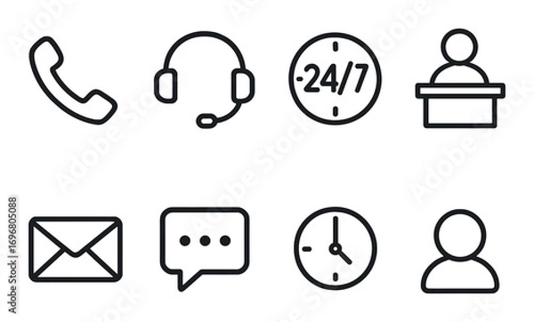 Fototapeta Customer service icons: phone, email, chat, support, 24/7 availability