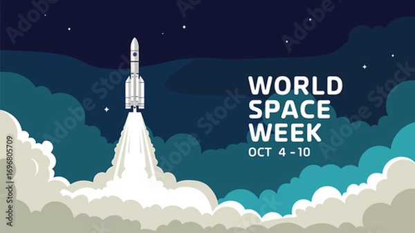 Fototapeta Vector art of world space week illustration featuring a rocket ascending into the dark sky amidst clouds and stars