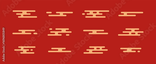 Fototapeta Japanese cloud pattern, Chinese style, oriental simple motif. Abstract Asian line shape on red background. Golden korean symbol smoke, Japan ethnic icon, China wave tradition bg. Vector illustration