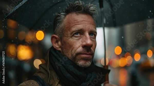 Fototapeta middle-aged man walking through a rainy city with a contemplative expression, umbrella, bokeh lights, emotional realism, cinematic tone