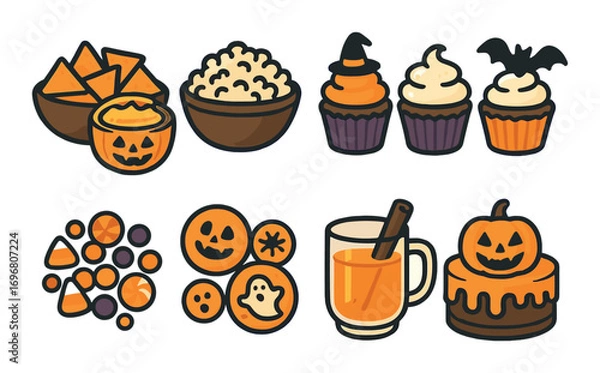 Fototapeta Halloween treats and desserts collection featuring festive cupcakes and pumpkin-themed snacks