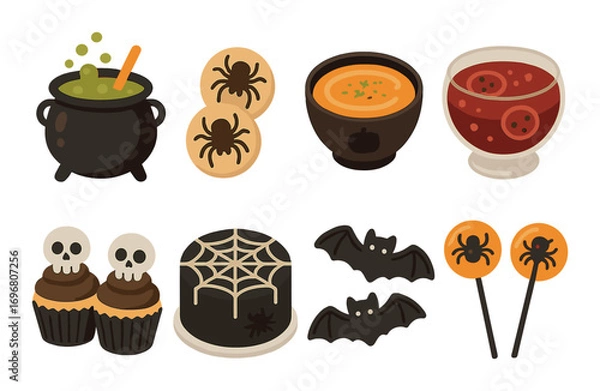 Fototapeta Spooky halloween-themed food and drink items with cauldron, spiders, and bats