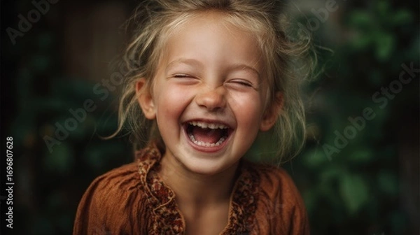 Fototapeta natural light portrait of a young girl with missing front teeth laughing with eyes closed, backyard garden background, saturated colors, real childhood joy