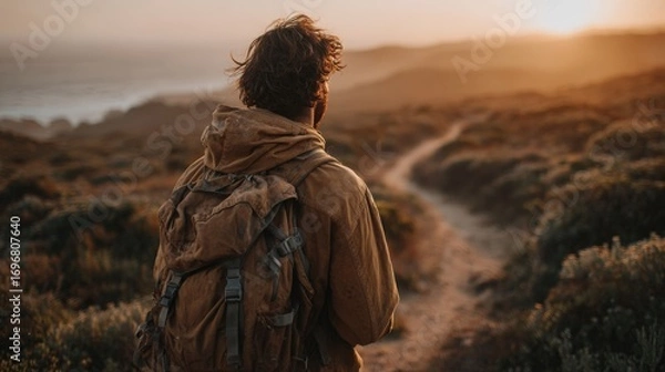 Fototapeta over-the-shoulder shot of a backpacker walking toward an unknown horizon, soft sunset tones, earthy trail winding into the distance