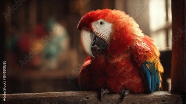 Fototapeta parrot with bright feathers sitting calmly on a perch in indoor sunlight, photorealistic details