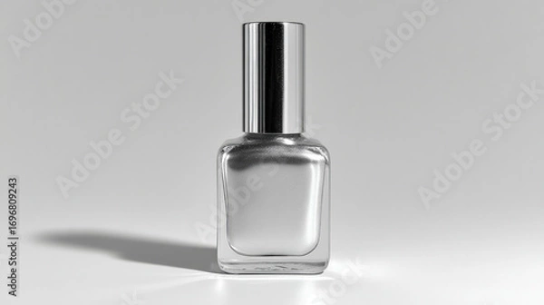 Fototapeta Sleek metallic silver bottle stands elegantly against high key background, showcasing its reflective surface and modern design. This high fidelity image captures essence of contemporary beauty