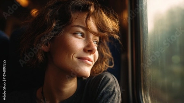 Fototapeta spontaneous smile of a woman sitting alone on a train, looking out the window, soft morning light, solitude and peace, authentic travel moment