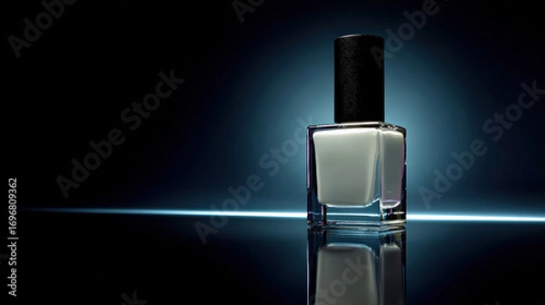 Fototapeta Minimalist composition featuring glossy black nail polish bottle against dark background, reflecting light beautifully. sleek design and high fidelity create elegant atmosphere