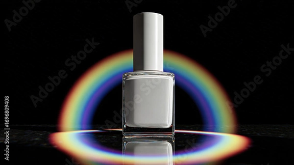 Fototapeta Minimalistic white nail polish bottle stands against dark background, illuminated by colorful circular prism effect that creates vibrant rainbow. sleek design and reflective surface enhance its