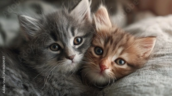 Fototapeta two fluffy kittens cuddling together on a soft pillow, indoor warm lighting, ultra-cute
