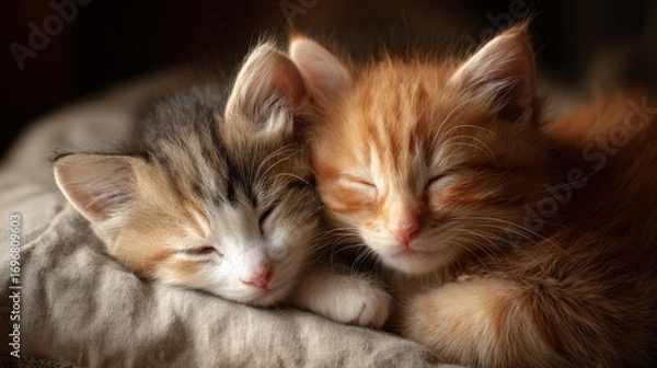 Fototapeta two fluffy kittens cuddling together on a soft pillow, indoor warm lighting, ultra-cute