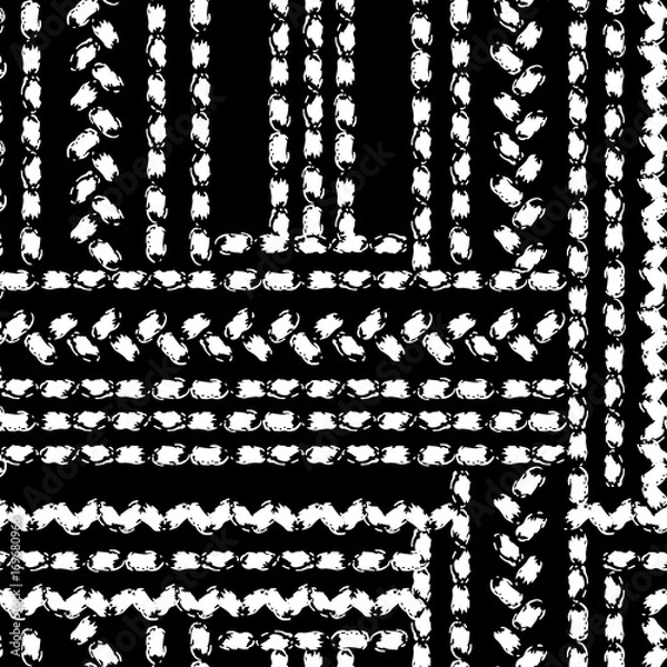 Obraz Black and white hand painted chevron and stitch ornament grunge seamless pattern, vector
