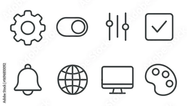 Fototapeta Set of eight gray digital interface icons with gear, toggle, globe, and palette