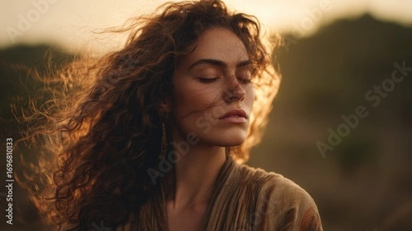 Fototapeta ultra-realistic medium shot of a woman standing in wind, hair and fabric flowing gently, golden hour light, serene expression, nature background, cinematic motion implied