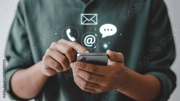 Fototapeta Contact Us concept, Smartphone virtual icons for email, phone, address, and live chat assistance to support digital customer services, Digital business contact service, Online support.