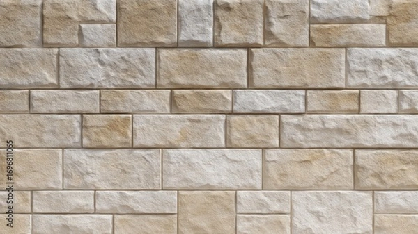 Fototapeta Textured tan brick wall patterned in neat rows. AI image