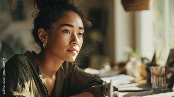 Fototapeta young woman of Pacific Islander descent working from a dining table, papers and tech gear around her, natural light and clean aesthetic