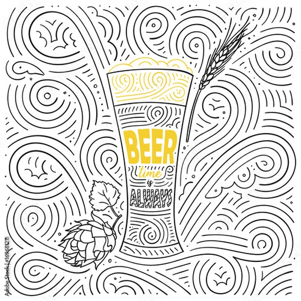 Fototapeta Beer theme card design. The lettering - Beer Time Is Always. Handwritten swirl pattern. Vector illustration.