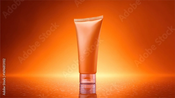 Fototapeta Vibrant orange tube stands against soft gradient background, exuding sense of freshness and vitality. sleek design and glossy finish highlight its modern appeal, making it perfect for skincare
