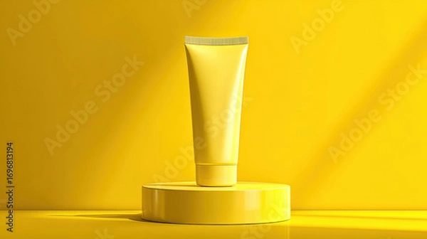 Fototapeta Bright yellow tube stands prominently on circular pedestal against vivid lemon yellow background, creating clean and modern aesthetic. simplicity of design evokes freshness and vibrancy
