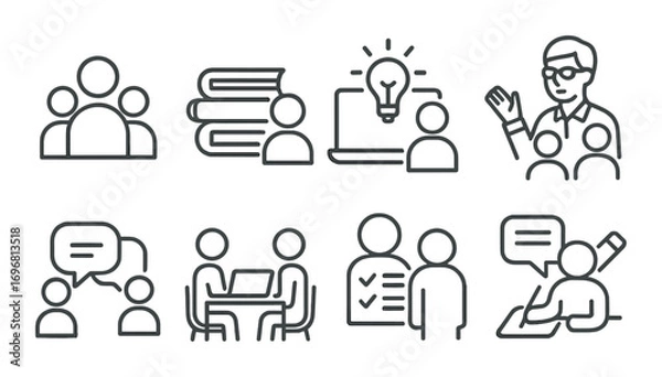 Fototapeta Education icons: collaboration, learning, communication, technology in outlined design