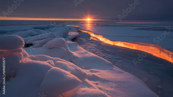 Fototapeta Snowy landscape with a bright sun setting on the horizon over a frozen body of water at dusk time