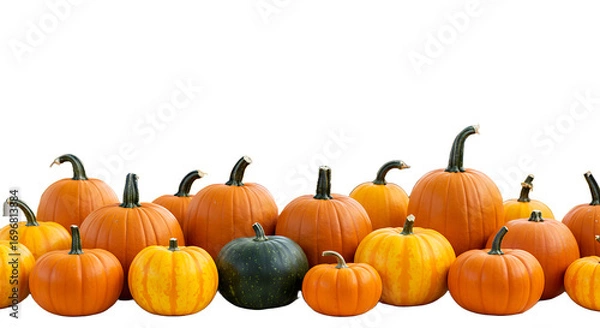 Fototapeta A diverse collection of colorful pumpkins and gourds arranged in a festive autumn display against a black background