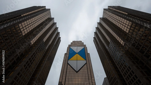 Fototapeta Worm's eye view of three skyscrapers with a geometric design on the central building under cloudy skies
