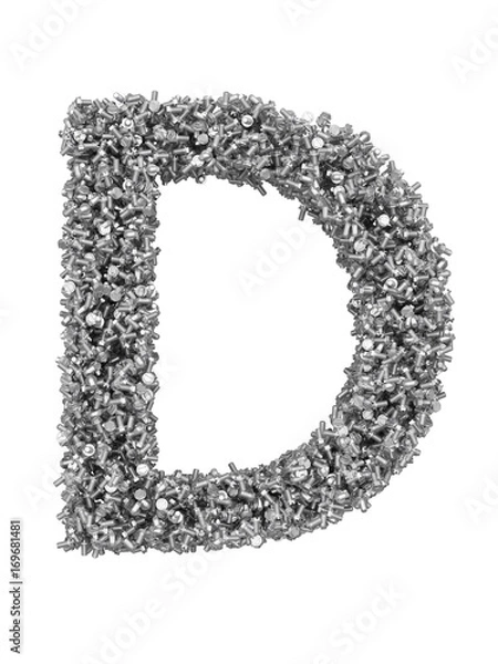 Fototapeta 3D render of silver or grey alphabet make from bolts. Big letter D with clipping path. Isolated on white background