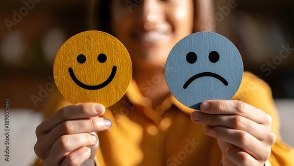 Fototapeta A person holding a happy face and a sad face cutout, symbolizing contrasting emotions.