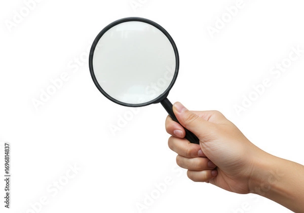Fototapeta Hand holding a magnifying glass with a dark circular lens isolated on transparent background