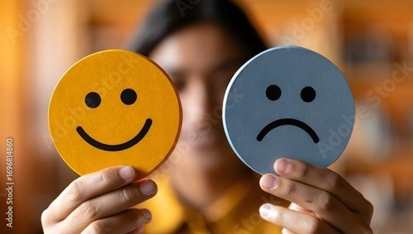 Fototapeta A person holding a happy face and a sad face cutout, symbolizing contrasting emotions.