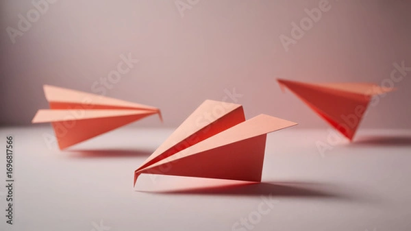 Fototapeta Three pink paper airplanes on a light pink surface in a studio setting with soft lighting
