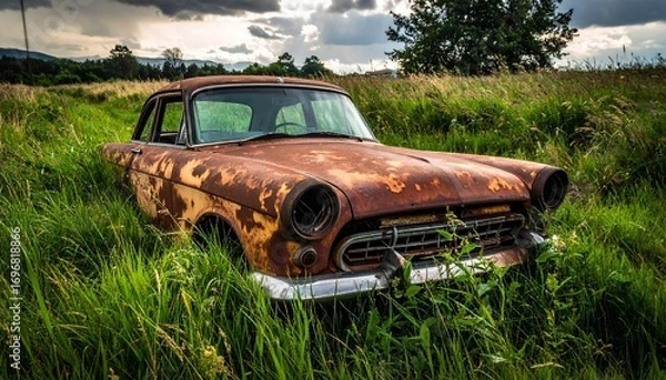 Fototapeta Abandoned Rusty Classic Car Sits in Overgrown Field Under Dramatic Sky.