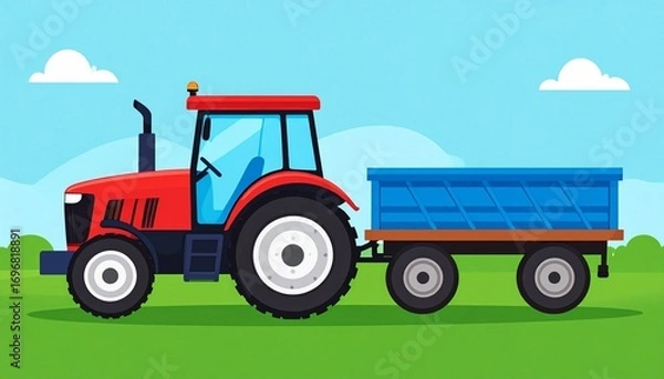 Fototapeta Red Tractor with Blue Trailer on a Green Field Under a Blue Sky.
