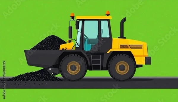 Fototapeta Yellow Front Loader Tractor Spreading Asphalt on a Road Construction Site.