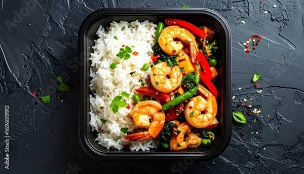 Fototapeta Delicious Shrimp Stir Fry with White Rice and Vegetables in a Black Container.