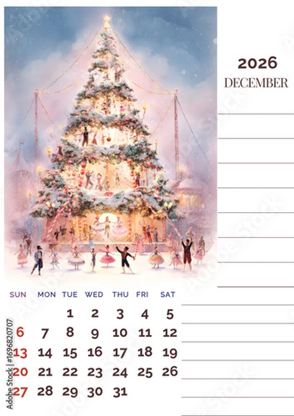 Fototapeta The image is a December 2026 calendar page featuring a grand festive Christmas tree adorned with lights and ornaments, surrounded by dancers and performers in a magical winter scene.