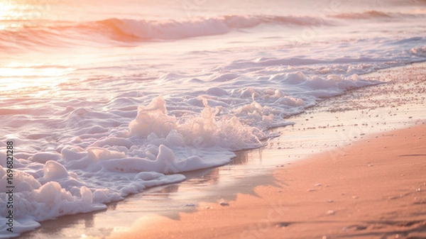 Fototapeta Gentle waves washing ashore on a sandy beach at sunrise with soft pastel colors in the sky above it