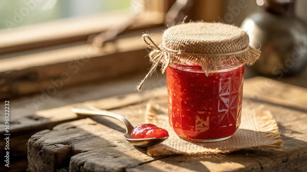 Fototapeta A jar of homemade jam with a spoon of jam on a rustic wooden surface near a window in bright sunlight