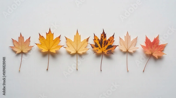 Fototapeta Six maple leaves in varying autumn colors arranged in a row on a plain white background studio shot