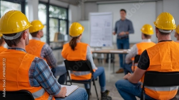 Fototapeta Construction workers attending meeting listening to foreman giving instructions