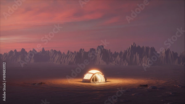 Fototapeta Illuminated tent glows against a twilight sky with distant mountains in a serene outdoor scene