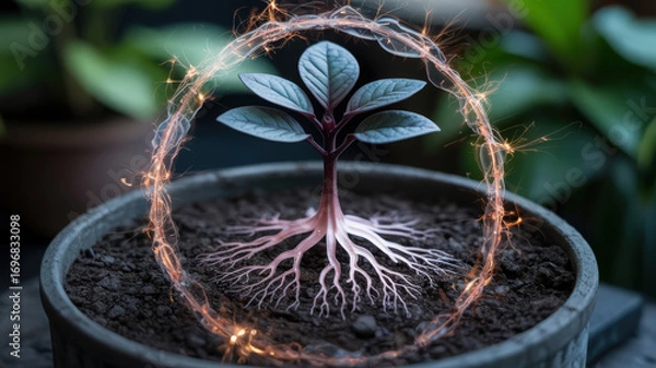 Fototapeta A small plant in a pot with visible roots and an energy circle around it in a blurred background