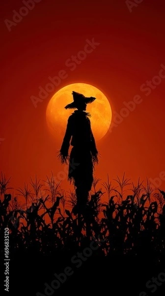 Fototapeta Silhouette of a Scarecrow Against a Fiery Sunset in a Cornfield.