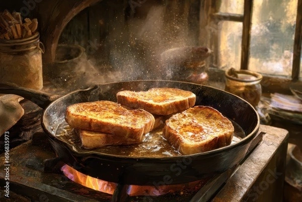 Fototapeta Sizzling French Toast Cooking in a Cast Iron Skillet on a Rustic Stove.