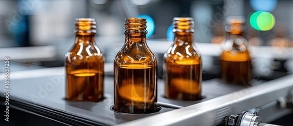 Fototapeta Three brown glass wine bottles stand out on a production line, showcasing the precision of the factory's manufacturing process